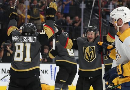 Evgenii Dadonov and Jonathan Marchessault celebrate goal (Photo- Vegas Golden Knights via Twitter)