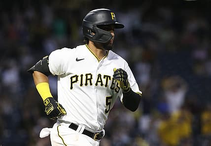 Jun 30, 2022; Pittsburgh, Pennsylvania, USA; Pittsburgh Pirates catcher Michael Perez (5) rounds the bases after hitting a two-run home run against the Milwaukee Brewers during the sixth inning at PNC Park. Mandatory Credit: Charles LeClaire-USA TODAY Sports