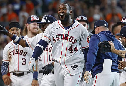 Jul 4, 2022; Houston, Texas, USA; Houston Astros designated hitter Yordan Alvarez (44) celebrates after hitting a walk-off home run during the ninth inning against the Kansas City Royals at Minute Maid Park. Mandatory Credit: Troy Taormina-USA TODAY Sports