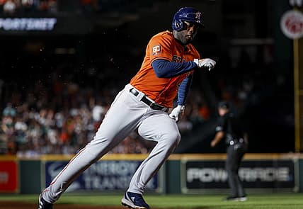Jul 21, 2022; Houston, Texas, USA; Houston Astros designated hitter Yordan Alvarez (44) rounds third base to score a run on an RBI single by third baseman Alex Bregman (not pictured) during the second inning against the New York Yankees at Minute Maid Park. Mandatory Credit: Troy Taormina-USA TODAY Sports
