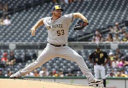 Aug 4, 2022; Pittsburgh, Pennsylvania, USA;  Milwaukee Brewers starting pitcher Brandon Woodruff (53) delivers a pitch against the Pittsburgh Pirates during the first inning at PNC Park. Mandatory Credit: Charles LeClaire-USA TODAY Sports