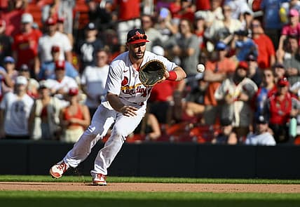 Aug 7, 2022; St. Louis, Missouri, USA;  St. Louis Cardinals starting pitcher Jordan Montgomery (48) fields a ground ball against the New York Yankees during the ninth inning at Busch Stadium. Mandatory Credit: Jeff Curry-USA TODAY Sports