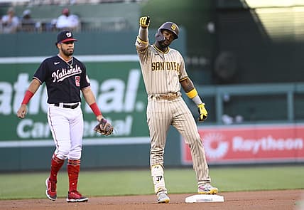 Aug 12, 2022; Washington, District of Columbia, USA; San Diego Padres left fielder Jurickson Profar (10) reacts after hitting a double against the Washington Nationals during the first inning at Nationals Park. Mandatory Credit: Brad Mills-USA TODAY Sports