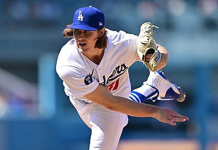 Aug 21, 2022; Los Angeles, California, USA;  Los Angeles Dodgers starting pitcher Ryan Pepiot (47) throws to the plate in the fourth inning against the Miami Marlins at Dodger Stadium. Mandatory Credit: Jayne Kamin-Oncea-USA TODAY Sports