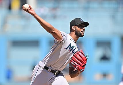 Aug 21, 2022; Los Angeles, California, USA;  Miami Marlins starting pitcher Sandy Alcantara (22) throws to the plate in the fourth inning against the Los Angeles Dodgers at Dodger Stadium. Mandatory Credit: Jayne Kamin-Oncea-USA TODAY Sports