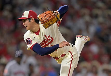 Sep 3, 2022; Anaheim, California, USA; Los Angeles Angels starting pitcher Shohei Ohtani (17) throws to the plate in the sixth inning against the Houston Astros at Angel Stadium. Mandatory Credit: Jayne Kamin-Oncea-USA TODAY Sports