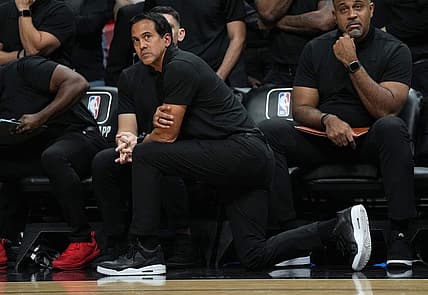Jan 14, 2023; Miami, Florida, USA;  Miami Heat head coach Erik Speolstra looks on during the second half against the Milwaukee Bucks at Miami-Dade Arena. Mandatory Credit: Jim Rassol-USA TODAY Sports