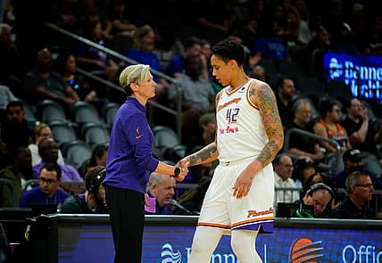 May 12, 2023; Phoenix, Ariz.; USA; Mercury center Brittney Griner (42) high-fives head coach Vanessa Nygaard during a game at the Footprint Center. Mandatory Credit: Patrick Breen-USA TODAY NETWORK