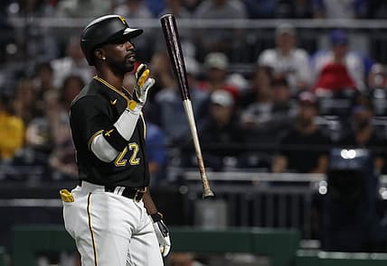 Aug 7, 2023; Pittsburgh, Pennsylvania, USA; Pittsburgh Pirates designated hitter Andrew McCutchen (22) reacts after being called out on strikes by the Atlanta Braves during the sixth inning at PNC Park. Mandatory Credit: Charles LeClaire-USA TODAY Sports
