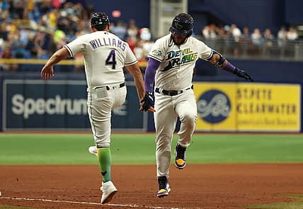 Sep 8, 2023; St. Petersburg, Florida, USA;Tampa Bay Rays designated hitter Harold Ramirez (43) hits a 2-run home run during the seventh inning against the Seattle Mariners  at Tropicana Field. Mandatory Credit: Kim Klement Neitzel-USA TODAY Sports
