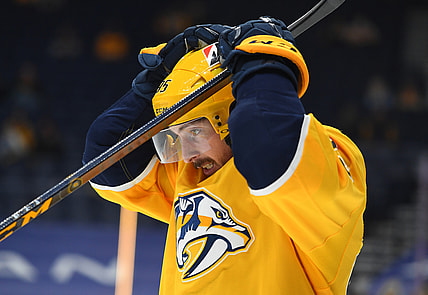 Mar 2, 2021; Nashville, Tennessee, USA; Nashville Predators center Matt Duchene (95) reacts after being stopped on a shot during the third period against the Carolina Hurricanes at Bridgestone Arena. Mandatory Credit: Christopher Hanewinckel-USA TODAY Sports