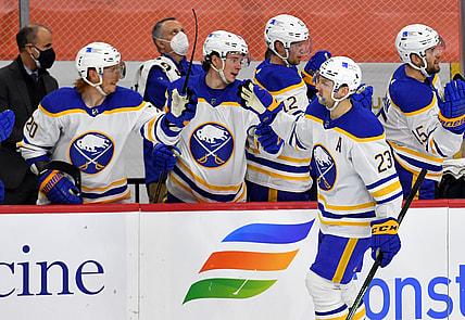 Mar 9, 2021; Philadelphia, Pennsylvania, USA; Buffalo Sabres center Sam Reinhart (23) celebrates his second goal of the game with teammates  against the Philadelphia Flyers during the first period at Wells Fargo Center. Mandatory Credit: Eric Hartline-USA TODAY Sports