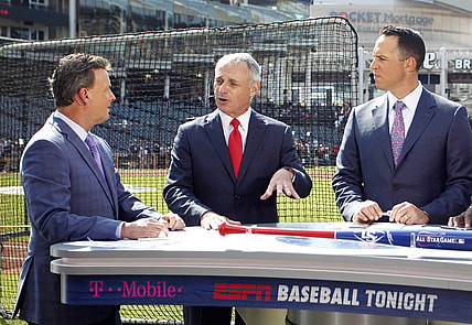 Jul 9, 2019; Cleveland, OH, USA; MLB commissioner Rob Manfred is interviewed on the ESPN set prior to the 2019 MLB All Star Game at Progressive Field. Mandatory Credit: Charles LeClaire-USA TODAY Sports