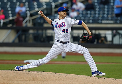 May 25, 2021; New York City, New York, USA; New York Mets starting pitcher Jacob deGrom (48) pitches against the Colorado Rockies during the first inning at Citi Field. Mandatory Credit: Andy Marlin-USA TODAY Sports