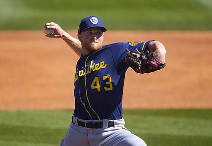 Mar 3, 2021; Peoria, Arizona, USA; Milwaukee Brewers pitcher Drew Rasmussen against the San Diego Padres during a Spring Training game at Peoria Sports Complex. Mandatory Credit: Mark J. Rebilas-USA TODAY Sports