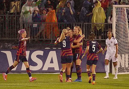Jul 1, 2021; East Hartford, Connecticut, USA; USA midfielder Samantha Mewis (3) is congratulated after scoring against Mexico in the first half during a USWNT Send-off Series soccer match at Pratt & Whitney Stadium. Mandatory Credit: David Butler II-USA TODAY Sports