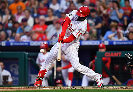 Aug 6, 2021; Philadelphia, Pennsylvania, USA; Philadelphia Phillies shortstop Didi Gregorius (18) hits a solo home run in the second inning against the New York Mets at Citizens Bank Park. Mandatory Credit: Kyle Ross-USA TODAY Sports