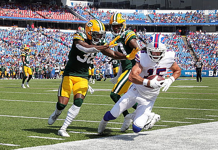 Bills receiver Jake Kumerow makes a circus catch but can't keep his feet in bounds agains the Packers.

Jg 082821 Bills 5