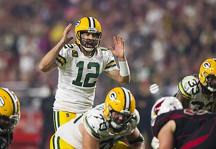 Oct 28, 2021; Glendale, Arizona, USA; Green Bay Packers quarterback Aaron Rodgers (12) reacts against the Arizona Cardinals at State Farm Stadium. Mandatory Credit: Mark J. Rebilas-USA TODAY Sports