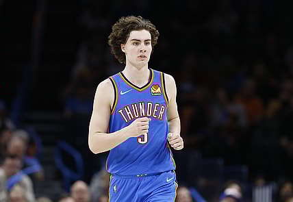 Feb 16, 2022; Oklahoma City, Oklahoma, USA; Oklahoma City Thunder guard Josh Giddey (3) runs down the court against the San Antonio Spurs during the second half at Paycom Center. San Antonio won 114-106. Mandatory Credit: Alonzo Adams-USA TODAY Sports