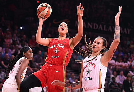 Jul 27, 2019; Las Vegas, NV, USA; Team Wilson forward Liz Cambage (8) shoots inside the defense of Team Delle Donne forward Brittney Griner (42) during the first half of the WNBA All Star Game at Mandalay Bay Events Center. Mandatory Credit: Stephen R. Sylvanie-USA TODAY Sports