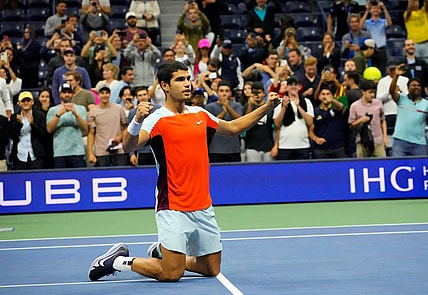 Sept 7, 2022; Flushing, NY, USA;  Carlos Alcaraz of Spain after beating Jannik Sinner of Italy on day ten of the 2022 U.S. Open tennis tournament at USTA Billie Jean King National Tennis Center. Mandatory Credit: Robert Deutsch-USA TODAY Sports