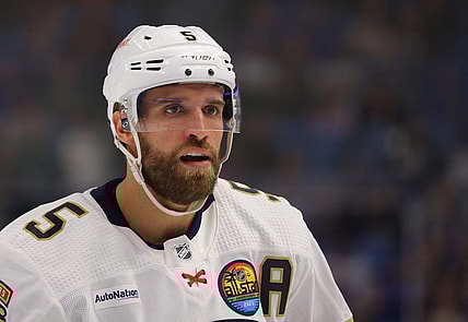 Oct 15, 2022; Buffalo, New York, USA;  Florida Panthers defenseman Aaron Ekblad (5) during a stoppage in play in the first period against the Buffalo Sabres at KeyBank Center. Mandatory Credit: Timothy T. Ludwig-USA TODAY Sports