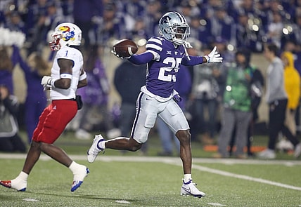 Nov 26, 2022; Manhattan, Kansas, USA; Kansas State Wildcats cornerback Ekow Boye-Doe (25) celebrates a fumble recovery during the first quarter against the Kansas Jayhawks at Bill Snyder Family Football Stadium. Mandatory Credit: Scott Sewell-USA TODAY Sports