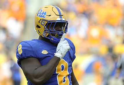 Sep 10, 2022; Pittsburgh, Pennsylvania, USA;  Pittsburgh Panthers defensive lineman Calijah Kancey (8) reacts after recording a sack against the Tennessee Volunteers during the second quarter at Acrisure Stadium. Tennessee won 34-27 in overtime. Mandatory Credit: Charles LeClaire-USA TODAY Sports