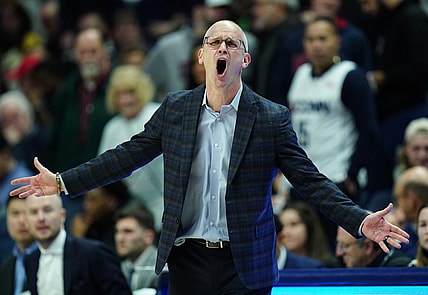 Jan 7, 2023; Storrs, Connecticut, USA; UConn Huskies head coach Dan Hurley watches from the sideline as they take on the Creighton Bluejays at Harry A. Gampel Pavilion. Mandatory Credit: David Butler II-USA TODAY Sports
