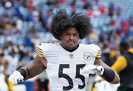 Oct 9, 2022; Orchard Park, New York, USA; Pittsburgh Steelers linebacker Devin Bush (55) warms up before a game against the Buffalo Bills at Highmark Stadium. Mandatory Credit: Mark Konezny-USA TODAY Sports