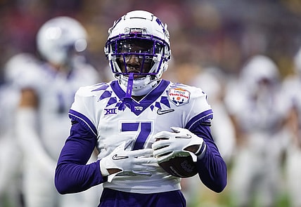 Dec 31, 2022; Glendale, Arizona, USA; TCU Horned Frogs wide receiver Jordan Hudson (7) against the Michigan Wolverines during the 2022 Fiesta Bowl at State Farm Stadium. Mandatory Credit: Mark J. Rebilas-USA TODAY Sports