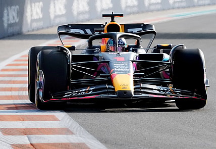 May 5, 2023; Miami Gardens, Florida, USA;  Red Bull driver Max Verstappen (1) of the Netherlands races into turn 11 during the second practice at Miami International Autodrome. Mandatory Credit: Jasen Vinlove-USA TODAY Sports