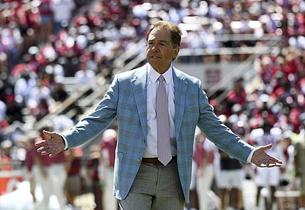 Apr 22, 2023; Tuscaloosa, AL, USA; Alabama head coach Nick Saban has some words for the Crimson defense after they allowed a long touchdown run during the A-Day game at Bryant-Denny Stadium. Mandatory Credit: Gary Cosby-USA TODAY Sports