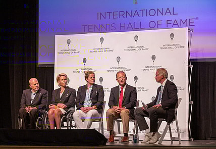 International Tennis Hall of Fame induction ceremony. Inductees Rick Draney, left, and Esther  Vergeer, second from left, attend the press conference at the Hall of Fame in Newport on Saturday, July 22, 2023.