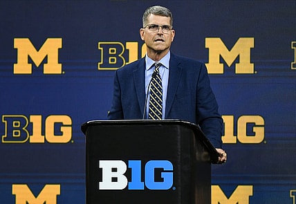 Jul 27, 2023; Indianapolis, IN, USA;  Michigan Wolverines head coach Jim Harbaugh speaks to the media during the Big 10 football media day at Lucas Oil Stadium. Mandatory Credit: Robert Goddin-USA TODAY Sports