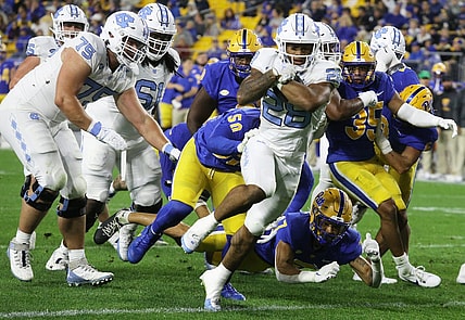 Sep 23, 2023; Pittsburgh, Pennsylvania, USA; North Carolina Tar Heels running back Omarion Hampton (28) crosses the goal line to score a touchdown against the Pittsburgh Panthers during the first quarter at Acrisure Stadium. Mandatory Credit: Charles LeClaire-USA TODAY Sports