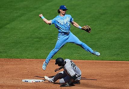 Oct 1, 2023; Kansas City, Missouri, USA; Kansas City Royals shortstop Bobby Witt Jr. (7) throws to first base after forcing out New York Yankees center fielder Estevan Florial (90) during the third inning at Kauffman Stadium. Mandatory Credit: Jay Biggerstaff-USA TODAY Sports