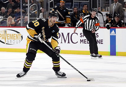 Oct 26, 2023; Pittsburgh, Pennsylvania, USA; Pittsburgh Penguins center Lars Eller (20) skates the puck up ice against the Colorado Avalanche during the third period at PPG Paints Arena. The Penguins shutout the Avalanche 4-0. Mandatory Credit: Charles LeClaire-USA TODAY Sports