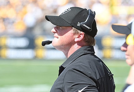 Sep 19, 2021; Pittsburgh, Pennsylvania, USA; Las Vegas Raiders head coach Jon Gruden watches the first quarter against the Pittsburgh Steelers at Heinz Field. Mandatory Credit: Philip G. Pavely-USA TODAY Sports