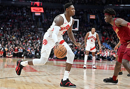 Jan 1, 2024; Toronto, Ontario, CAN;  Toronto Raptors forward RJ Barrett (9) dribbles the ball up court against the Cleveland Cavaliers in the second half at Scotiabank Arena. Mandatory Credit: Dan Hamilton-USA TODAY Sports