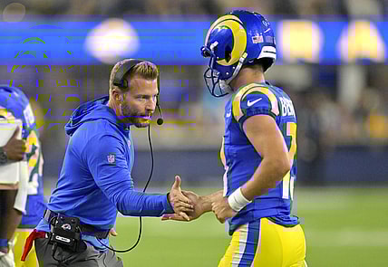 Aug 12, 2023; Inglewood, California, USA;   Los Angeles Rams coach Sean McVay congratulates quarterback Stetson Bennett (13) after a touchdown in the second half against the Los Angeles Chargers at SoFi Stadium. Mandatory Credit: Jayne Kamin-Oncea-USA TODAY Sports