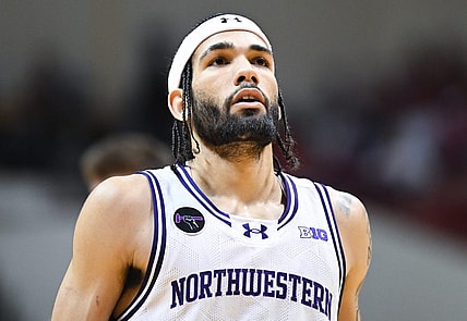 Feb 18, 2024; Bloomington, Indiana, USA;  Northwestern Wildcats guard Boo Buie (0) waits to attempt a free throw against the Indiana Hoosiers during the second half at Simon Skjodt Assembly Hall. Mandatory Credit: Robert Goddin-USA TODAY Sports