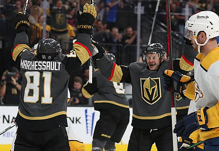 Evgenii Dadonov and Jonathan Marchessault celebrate goal (Photo- Vegas Golden Knights via Twitter)