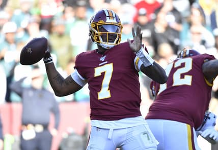 Redskins QB Dwayne Haskins attempts a pass against the Eagles.