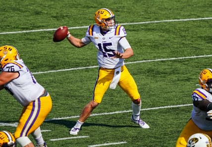 Oct 10, 2020; Columbia, Missouri, USA; LSU Tigers quarterback Myles Brennan (15) throws a pass against the Missouri Tigers during the second half at Faurot Field at Memorial Stadium. Mandatory Credit: Jay Biggerstaff-USA TODAY Sports