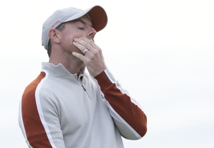 Sep 25, 2021; Haven, Wisconsin, USA; Team Europe player Rory McIlroy reacts to his missed putt on the 15th green during day two four-ball rounds for the 43rd Ryder Cup golf competition at Whistling Straits. Mandatory Credit: Michael Madrid-USA TODAY Sports