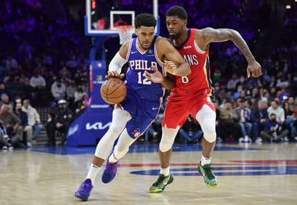 Jan 25, 2022; Philadelphia, Pennsylvania, USA; Philadelphia 76ers forward Tobias Harris (12) drives to the basket against New Orleans Pelicans forward Naji Marshall (8) during the second quarter at Wells Fargo Center. Mandatory Credit: Eric Hartline-USA TODAY Sports