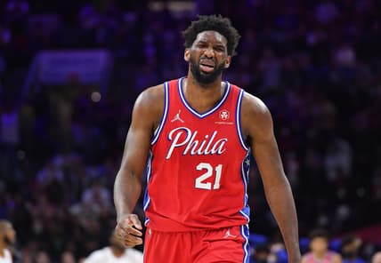 Feb 8, 2022; Philadelphia, Pennsylvania, USA; Philadelphia 76ers center Joel Embiid (21) reacts after turning the ball over after making a steal late in the fourth quarter against the Phoenix Suns at Wells Fargo Center. Mandatory Credit: Eric Hartline-USA TODAY Sports