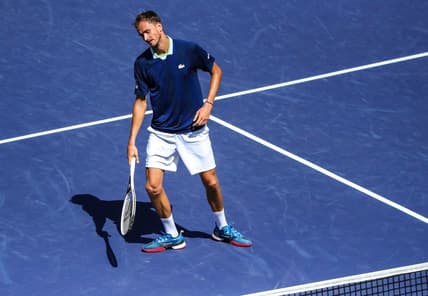Daniil Medvedev of Russia reacts to an advantage gained by Gael Monfils of France leading to the match point during round three of the BNP Paribas Open at the Indian Wells Tennis Garden in Indian Wells, Calif., Monday, March 14, 2022.
